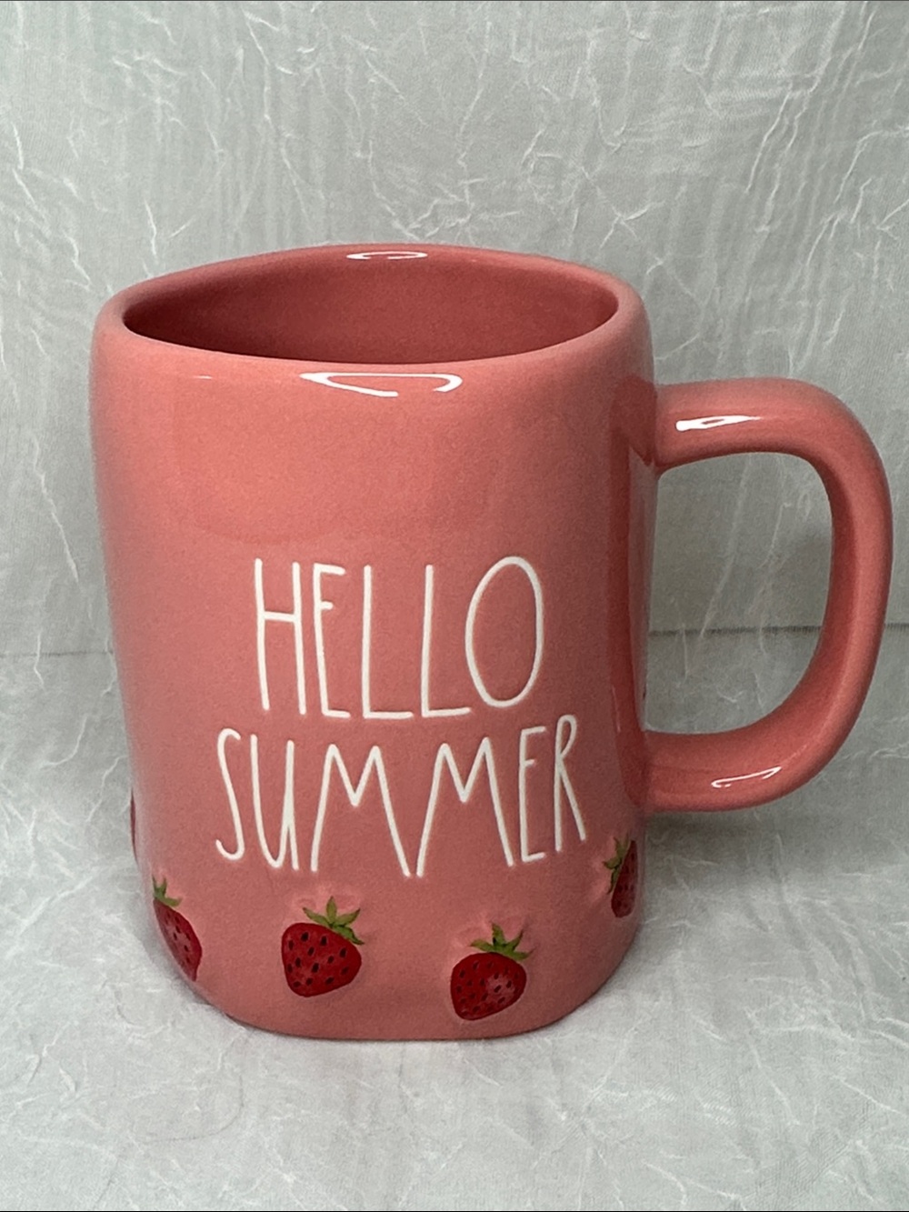 Rae Dunn Hello Summer Pink Ceramic Mug with Strawberry Accent